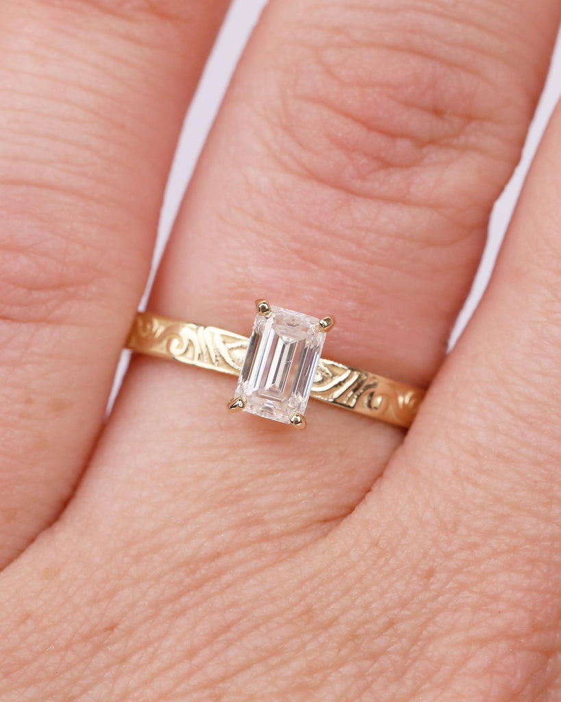 Solitaire Moissanite Engagement Ring, Emerald Cut Ring, 14k Solid Gold Filigree Ring, Vintage Style Rings for Women, Unique Wedding Jewelry image #10