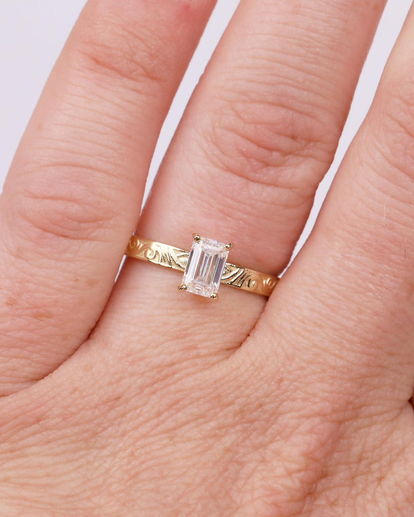 Solitaire Moissanite Engagement Ring, Emerald Cut Ring, 14k Solid Gold Filigree Ring, Vintage Style Rings for Women, Unique Wedding Jewelry image #15