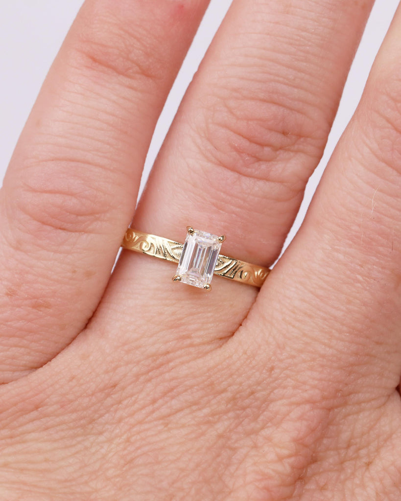 14k Gold Emerald Cut Moissanite Ring, Filigree Minimalist Engagement Ring, Vintage Jewelry image #15