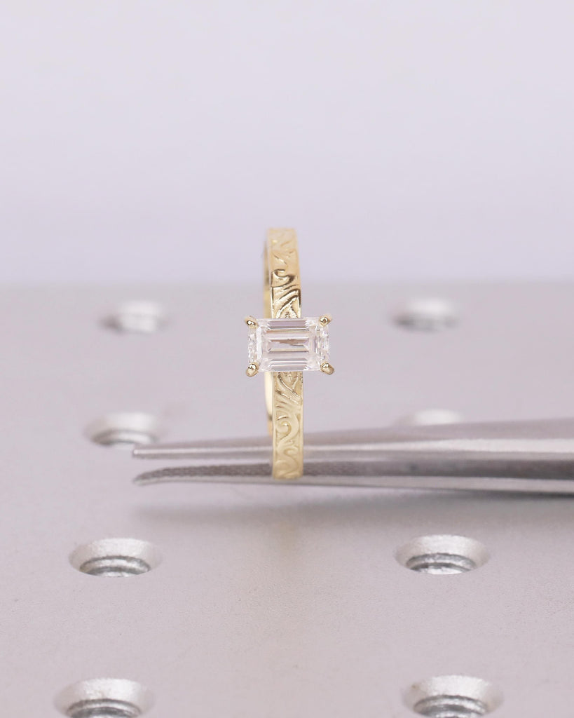 14k Gold Emerald Cut Moissanite Ring, Filigree Minimalist Engagement Ring, Vintage Jewelry image #2