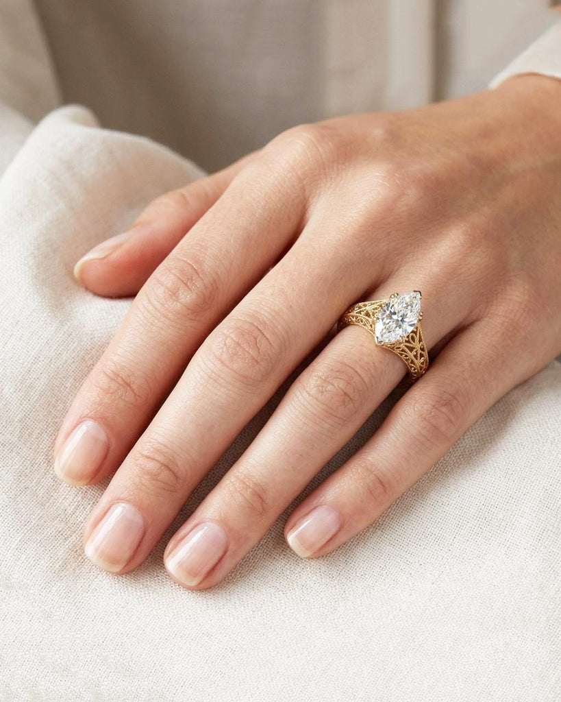 Vintage Wedding Ring, Moissanite Marquise Engagement Ring, 14K Gold Filigree Engagement Ring, Antique Style Ring, Art Deco Statement Ring image #3