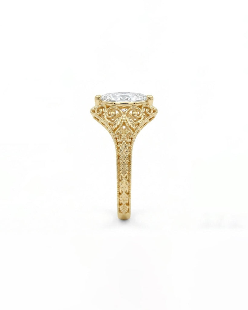 Vintage Inspired Lab Grown Diamond Marquise Ring, Filigree Flower Ring, Bezel Engagement Ring, 18k/14k Gold Statement Ring, Heirloom Jewelry image #4