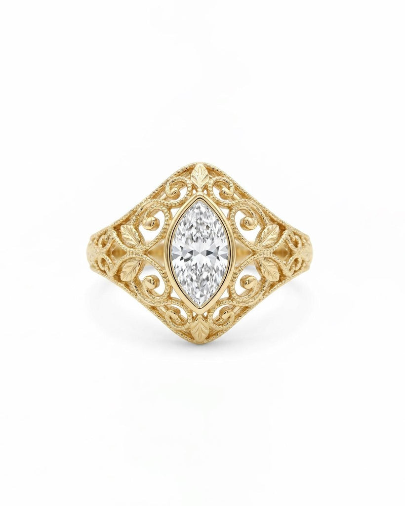Vintage Inspired Lab Grown Diamond Marquise Ring, Filigree Flower Ring, Bezel Engagement Ring, 18k/14k Gold Statement Ring, Heirloom Jewelry image #3