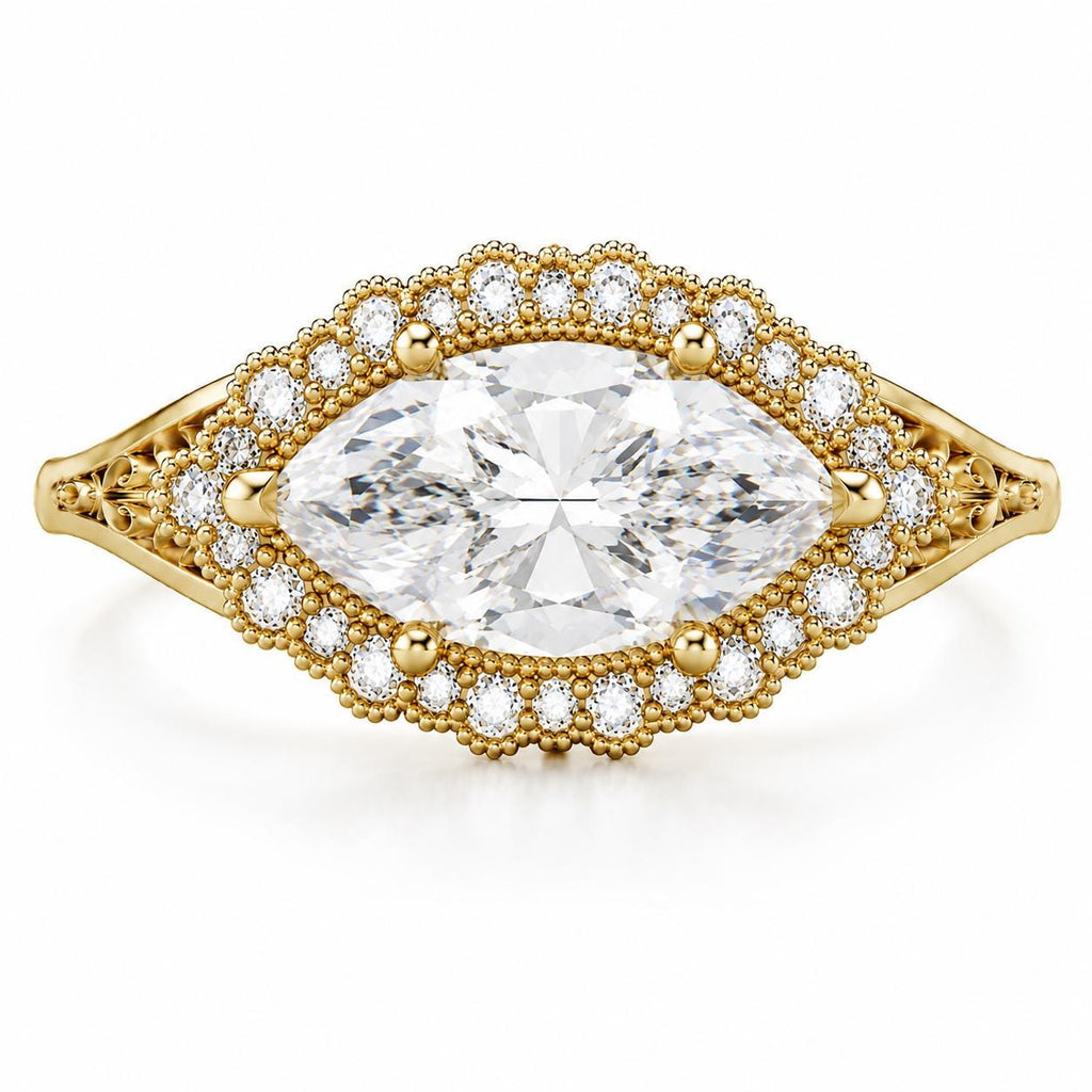Marquise Moissanite Halo Engagement Rings | 14k/18k Gold East West Ring | Unique Bridal Jewelry Victorian Ring image #5