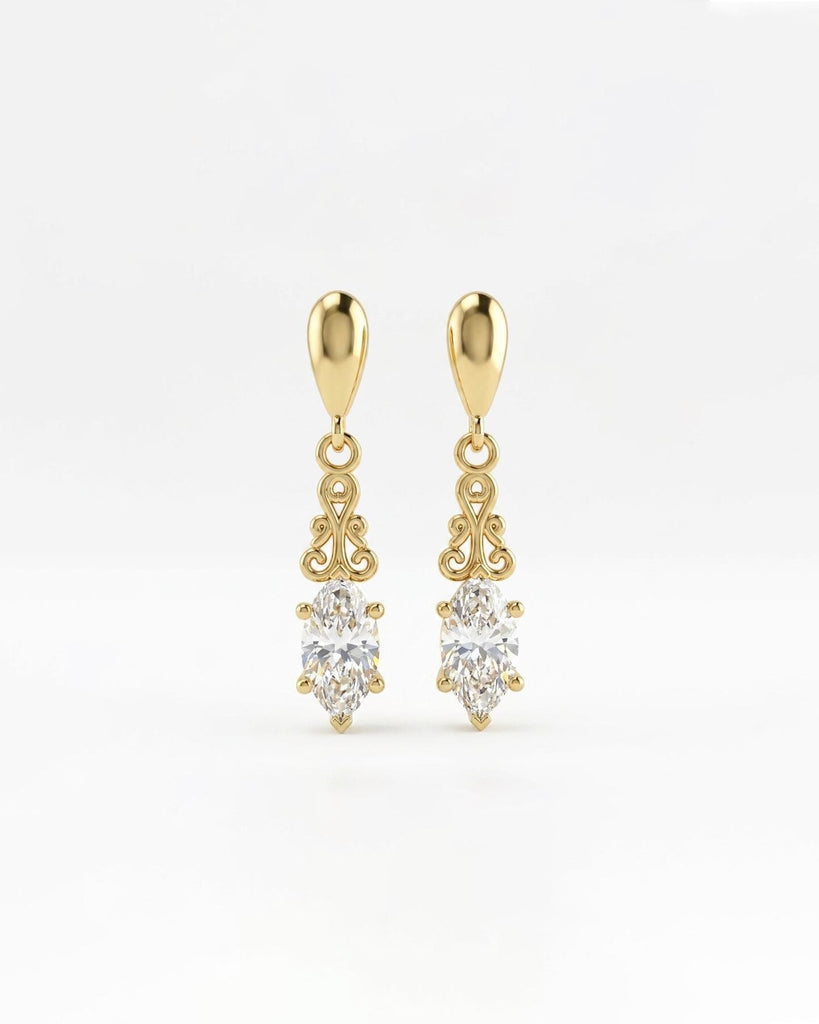 14k Solid Gold Moissanite Earring Set, Hypoallergenic Stud Drop Earrings, Vintage Style Filigree Everyday Dangling Earrings, Wedding Jewelry image #3