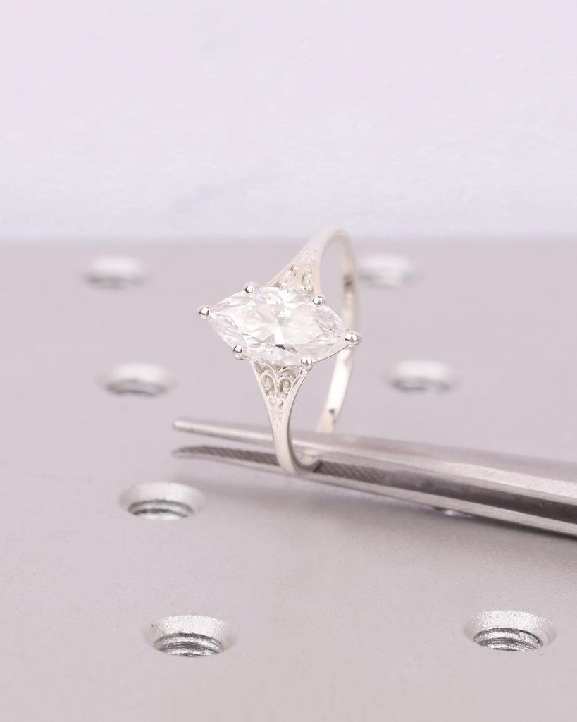 Silver Heirloom Moissanite Engagement Ring, Marquise Cut Ring, Victorian Filigree Ring, Antique Proposal Ring, Women's Anniversary Ring image #4