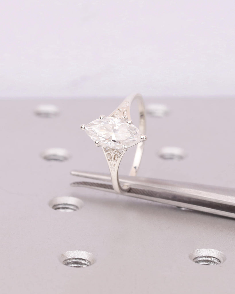 Sterling Silver Antique Filigree Ring, White Marquise Moissanite Filigree Engagement Ring, Edwardian Ring, Vintage Wedding Ring for Her image #6