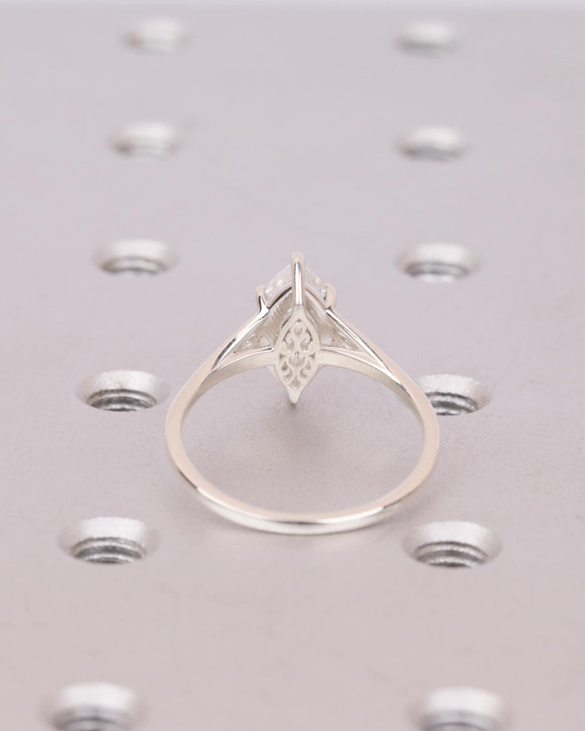 Sterling Silver Antique Filigree Ring, White Marquise Moissanite Filigree Engagement Ring, Edwardian Ring, Vintage Wedding Ring for Her image #10
