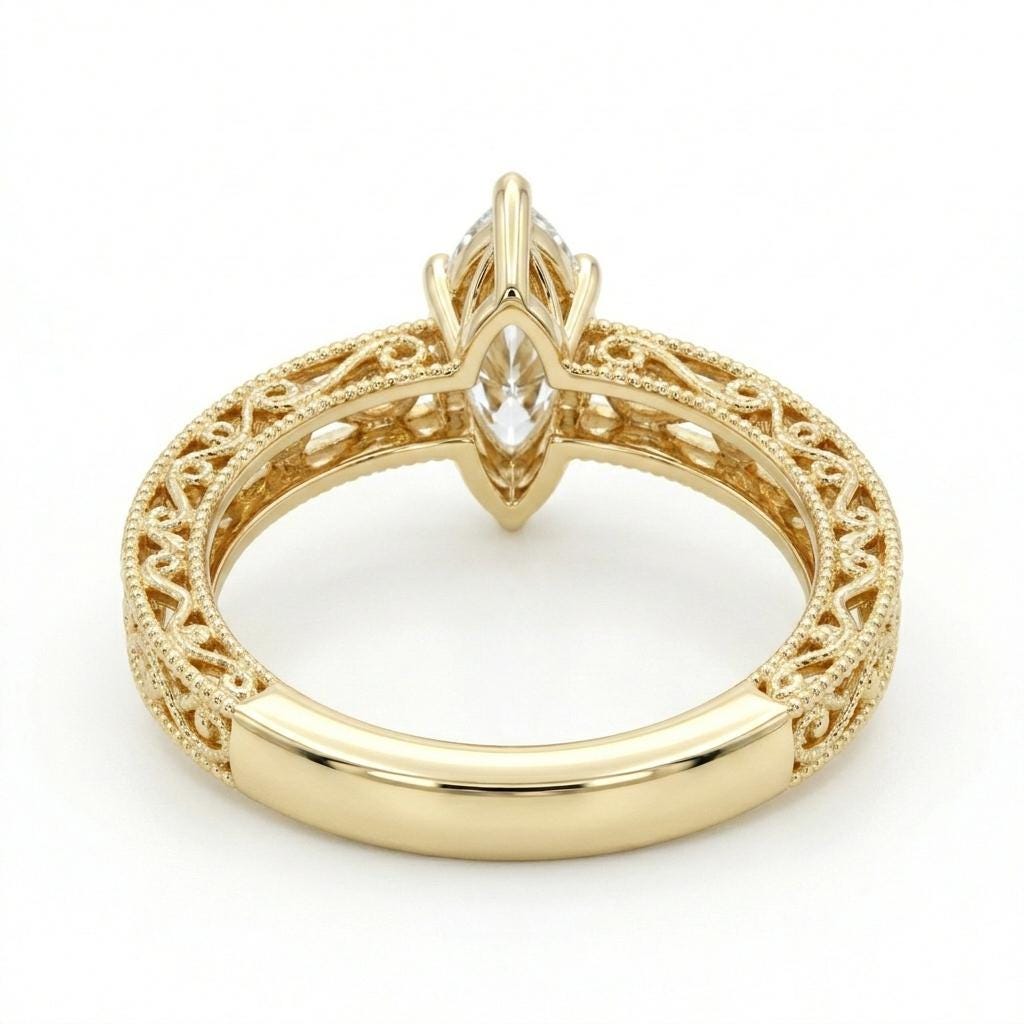 Filigree Engagement Ring, Antique 14K Yellow Gold Marquise cut Ring, Milgrain Bridal Wedding Band image #5