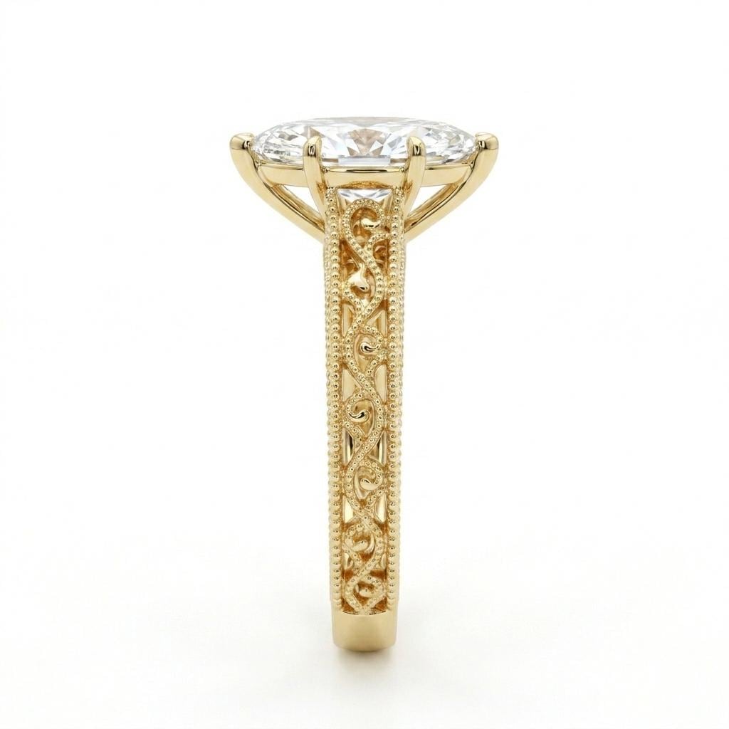 Marquise Moissanite Ring, Victorian Filigree 14k Yellow Gold Engagement Ring, Anniversary Gift for Her image #3