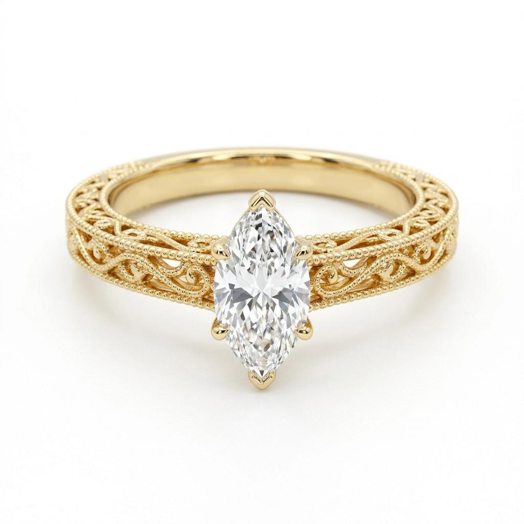 Vintage Heirloom Ring, Moissanite Engagement Ring, Marquise Cut Victorian Filigree Band, Milgrain 14k Yellow Gold Wedding Rings for Women