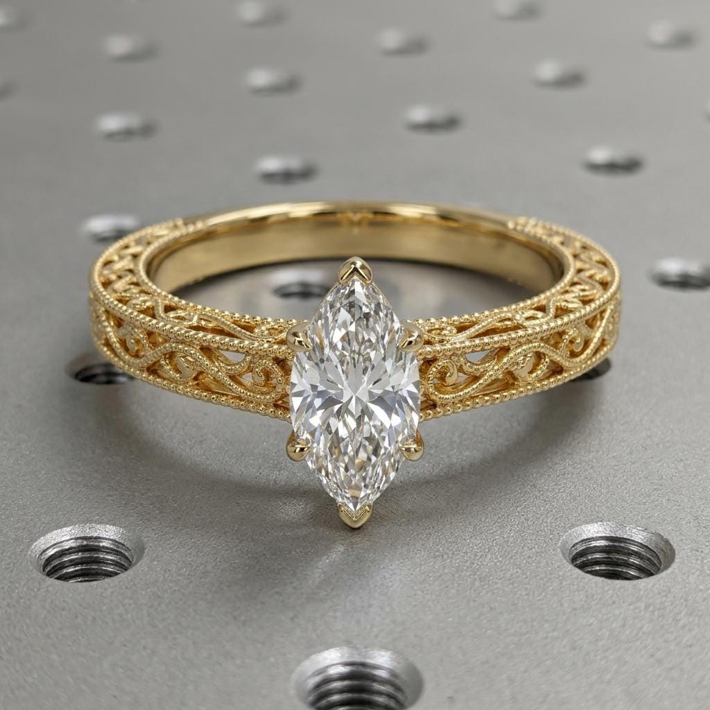 Marquise Moissanite Ring, Victorian Filigree 14k Yellow Gold Engagement Ring, Anniversary Gift for Her image #5