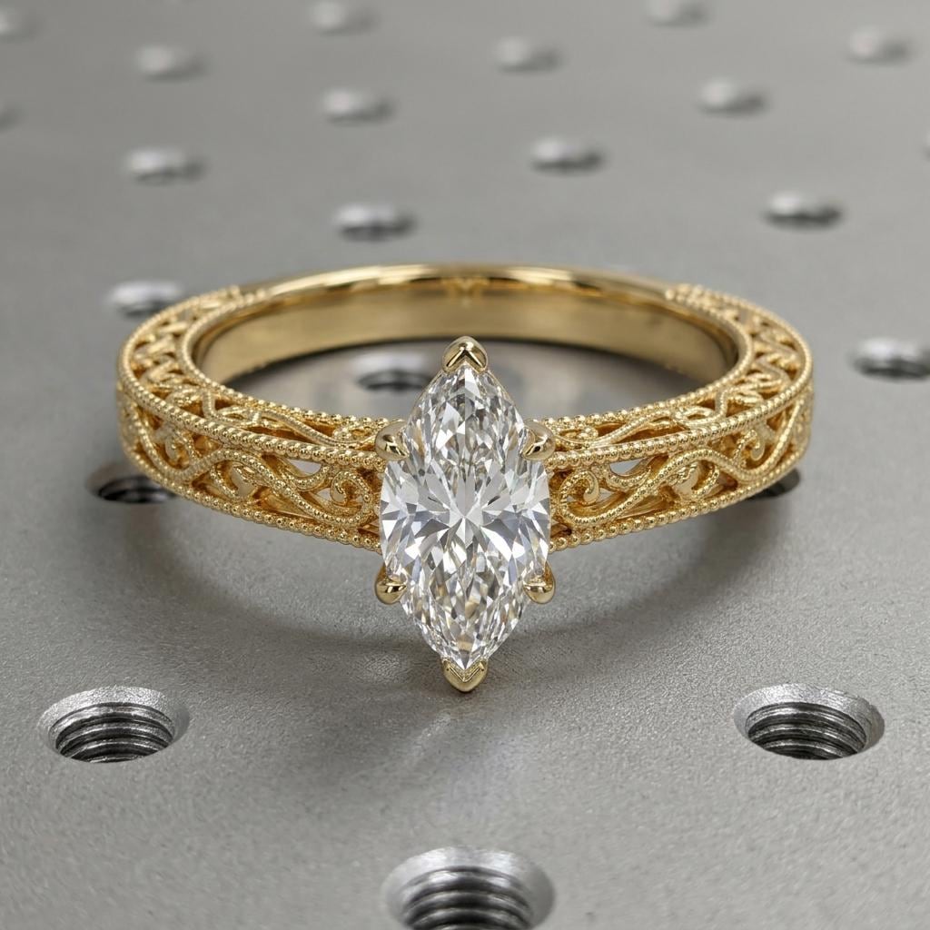 Vintage Heirloom Ring, Moissanite Engagement Ring, Marquise Cut Victorian Filigree Band, Milgrain 14k Yellow Gold Wedding Rings for Women image #5