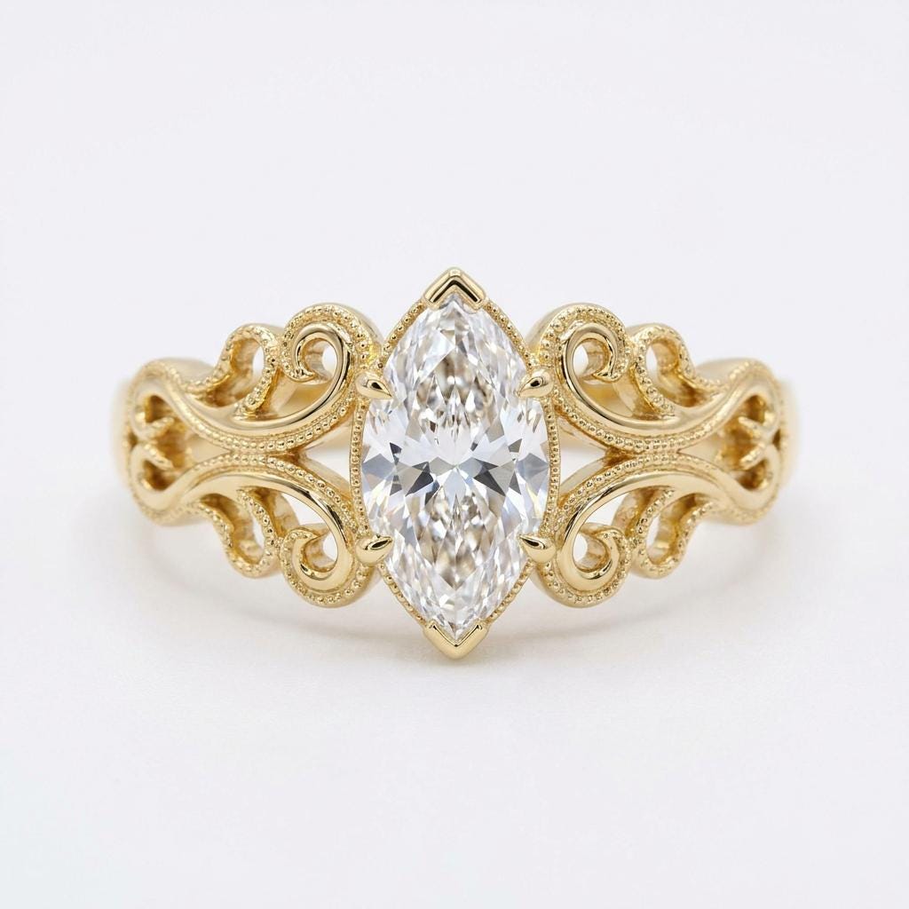 Vintage Marquise Cut Moissanite Engagement Ring, 14K Yellow Gold Filigree Wedding Band image #2