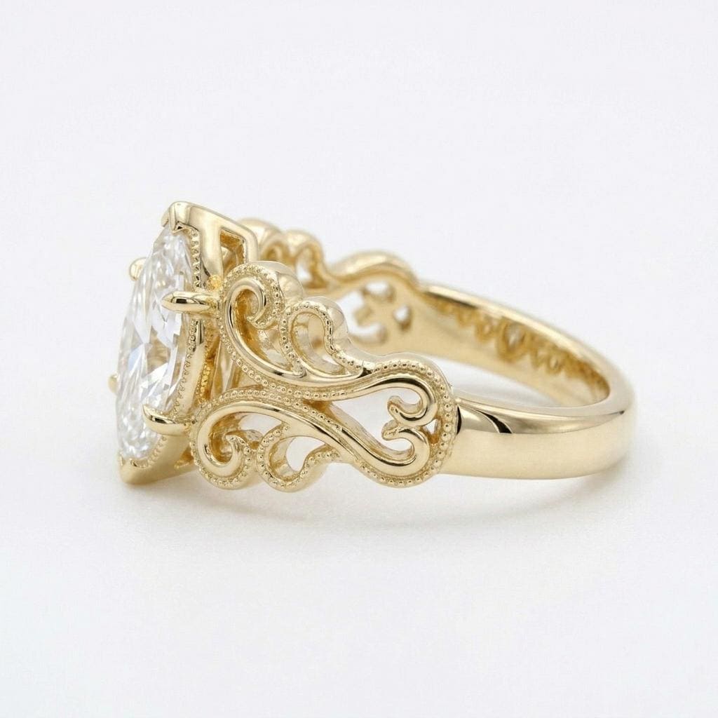 Vintage Marquise Cut Moissanite Engagement Ring, 14K Yellow Gold Filigree Wedding Band image #4