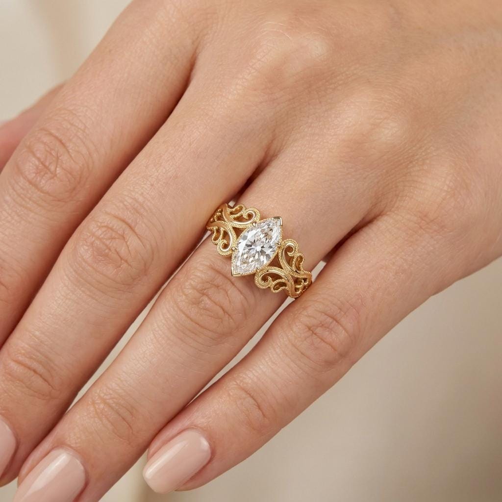 Marquise Cut Moissanite Ring Vintage Moissanite Engagement Ring Solid Gold Unique 4 Prongs V tips Engagement Ring Filigree Wedding Ring image #5