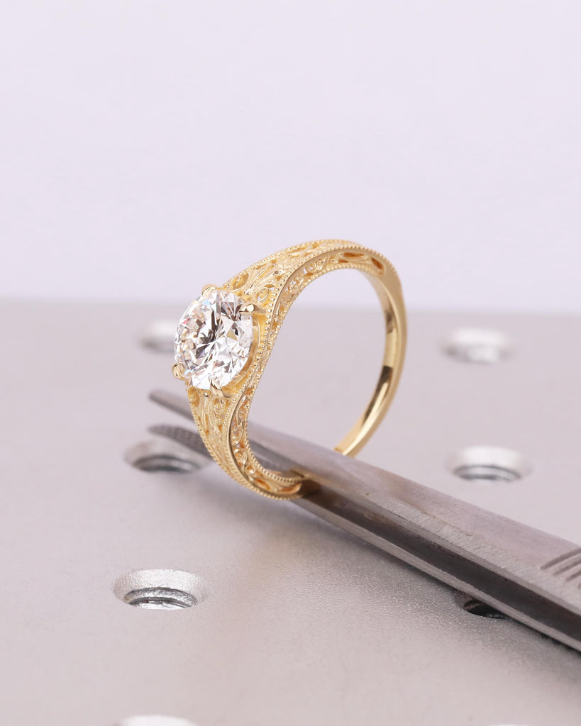 Antique Style Art Deco Engagement Ring, Round Lab Grown Diamond Ring, Hand Engraved Filigree Promise Ring, 14k 18k Solid Gold image #10