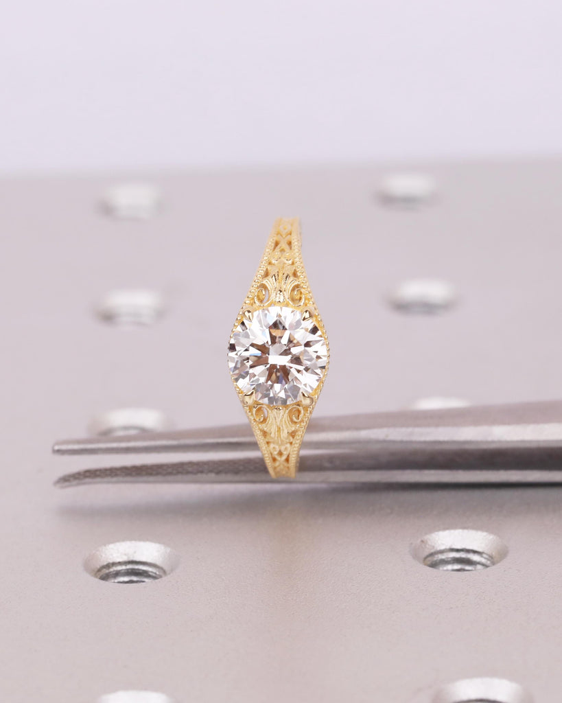 Antique Style Art Deco Engagement Ring, Round Lab Grown Diamond Ring, Hand Engraved Filigree Promise Ring, 14k 18k Solid Gold image #9