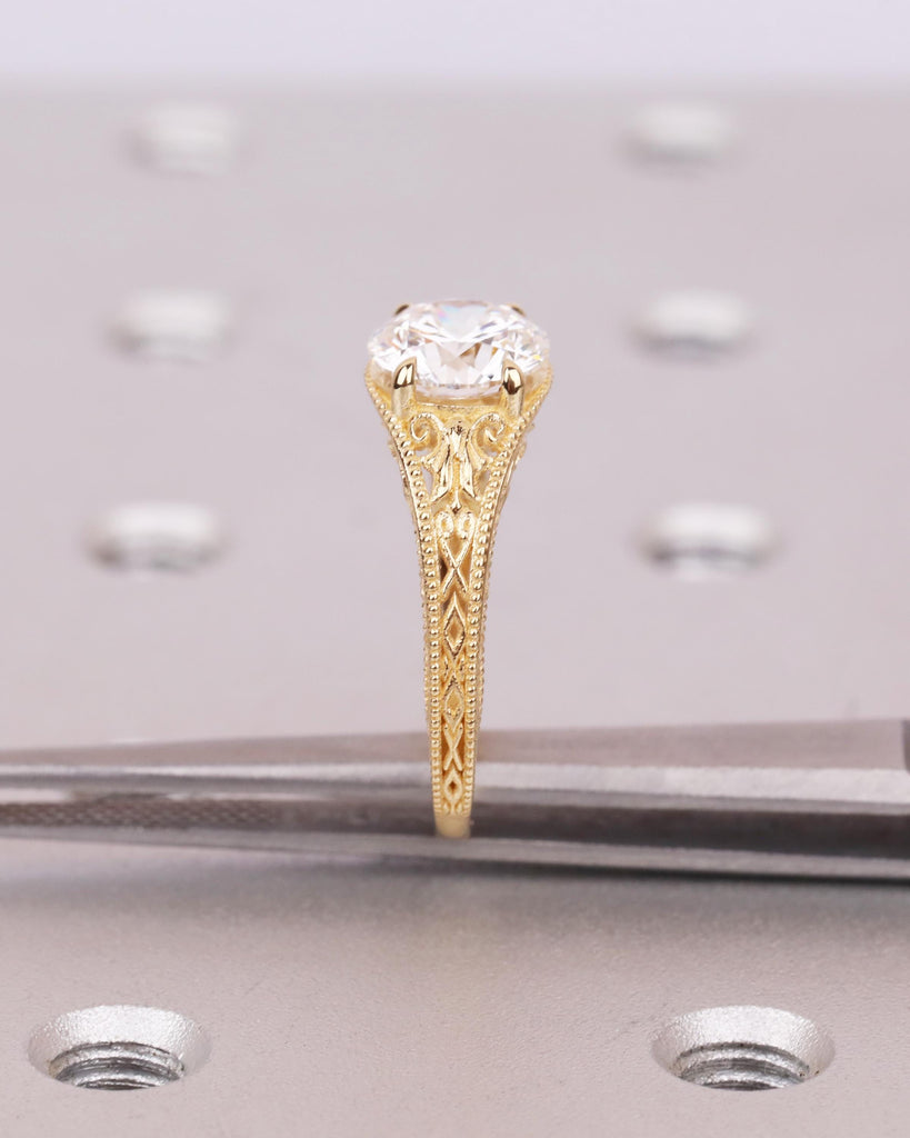 Antique Style Art Deco Engagement Ring, Round Lab Grown Diamond Ring, Hand Engraved Filigree Promise Ring, 14k 18k Solid Gold image #6