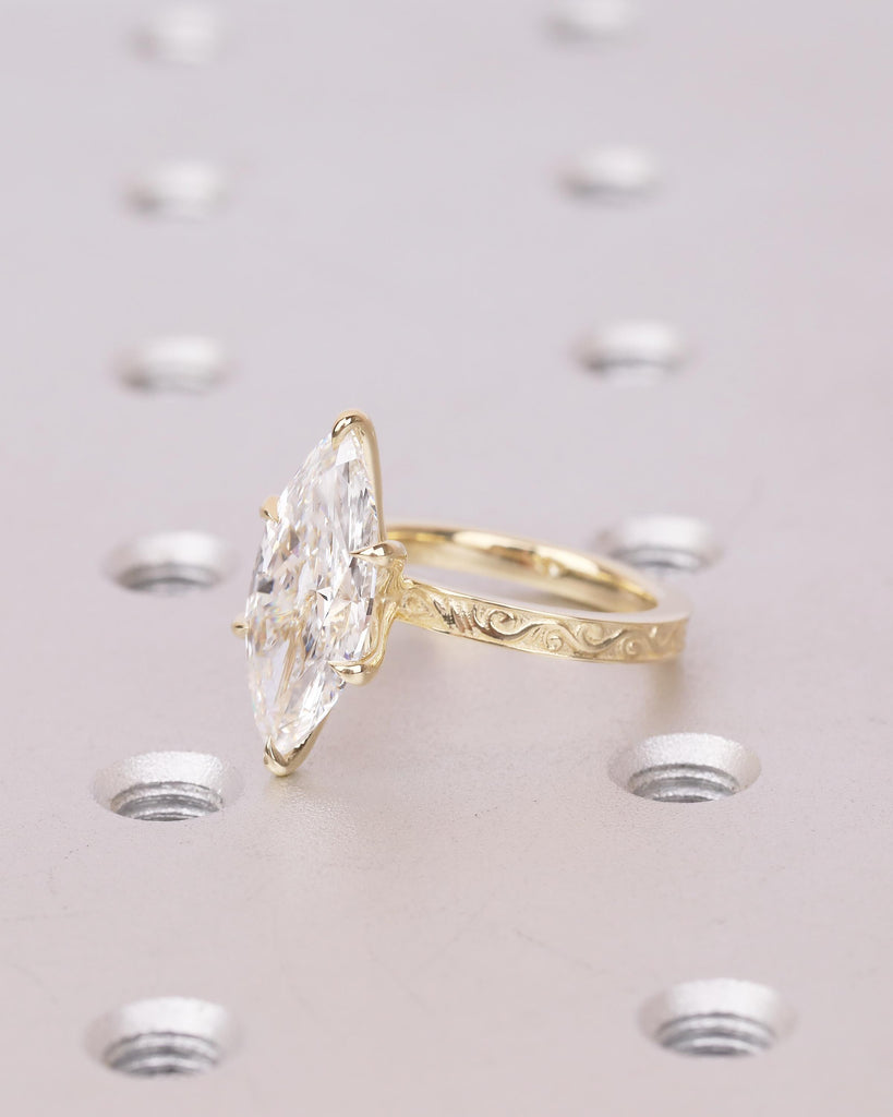 Lab Created Diamond Marquise Ring, Filigree 14k Yellow Gold Statement Ring, Vintage IGI Certified Wedding Rings for Women, Bridal Jewelry image #3