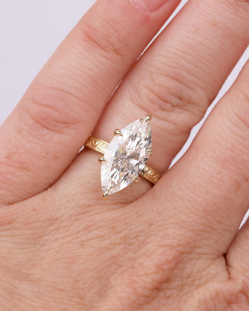 Lab Created Diamond Marquise Ring, Filigree 14k Yellow Gold Statement Ring, Vintage IGI Certified Wedding Rings for Women, Bridal Jewelry image #9