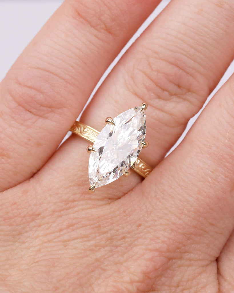 Lab Created Diamond Marquise Ring, Filigree 14k Yellow Gold Statement Ring, Vintage IGI Certified Wedding Rings for Women, Bridal Jewelry image #14