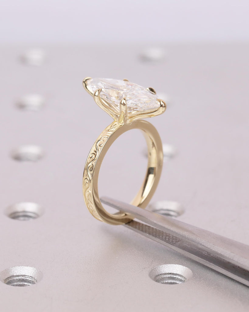 Lab Created Diamond Marquise Ring, Filigree 14k Yellow Gold Statement Ring, Vintage IGI Certified Wedding Rings for Women, Bridal Jewelry image #5