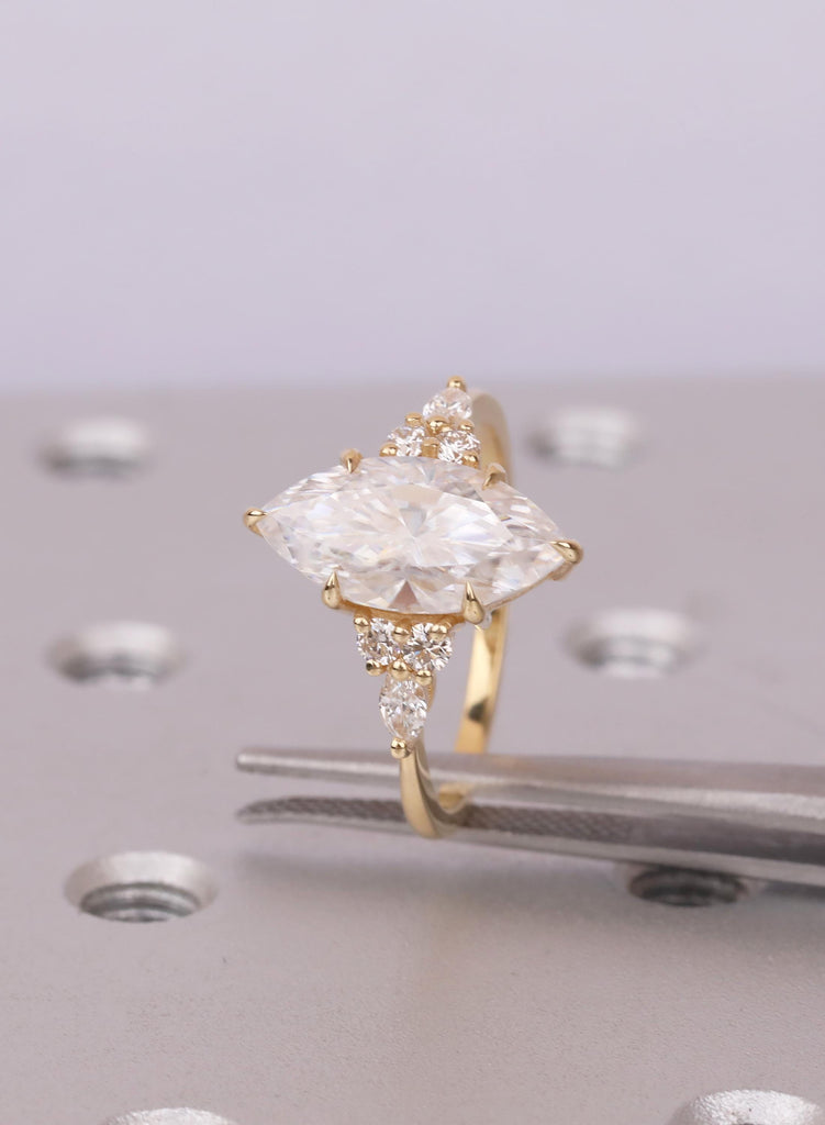 Marquise Lab Diamond Engagement Ring, Cluster Diamond Ring, 18K Gold Pear Accent Ring, Eco Friendly Promise Ring, Gift for Her image #1