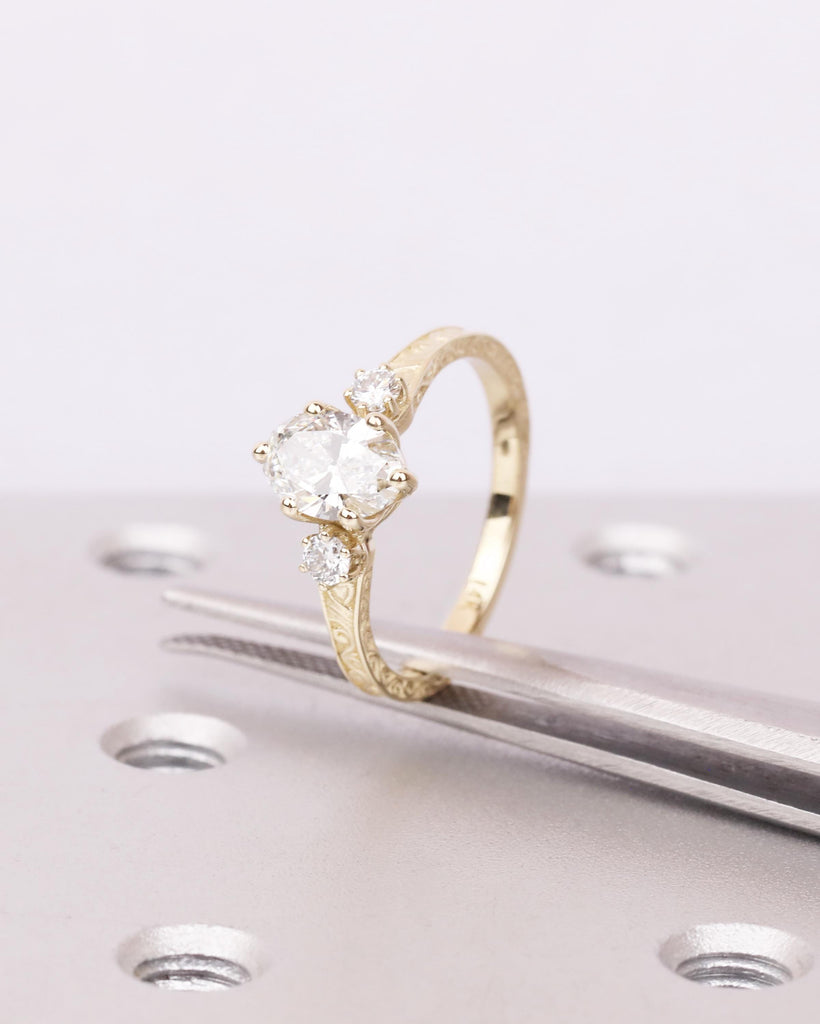 14K Gold Art Deco Moissanite Ring, Oval Moissanite Engagement Ring, Filigree Engraved Band, Edwardian Ring, Three Stone Ring, Wedding Ring