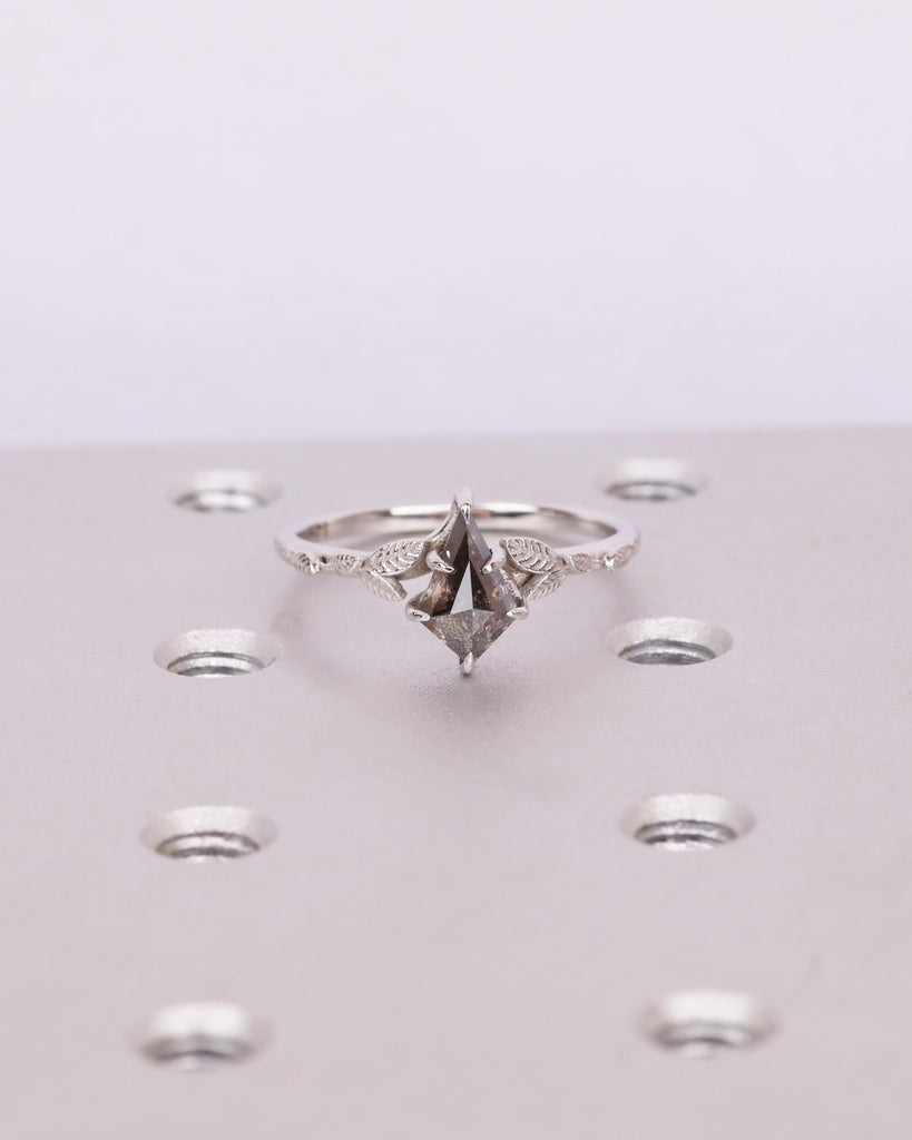 Salt and Pepper Diamond Ring, Kite Cut Engagement Ring, Nature Inspired Dainty Floral Leaf Ring, Unique Wedding Ring, 14k Gold Promise Ring