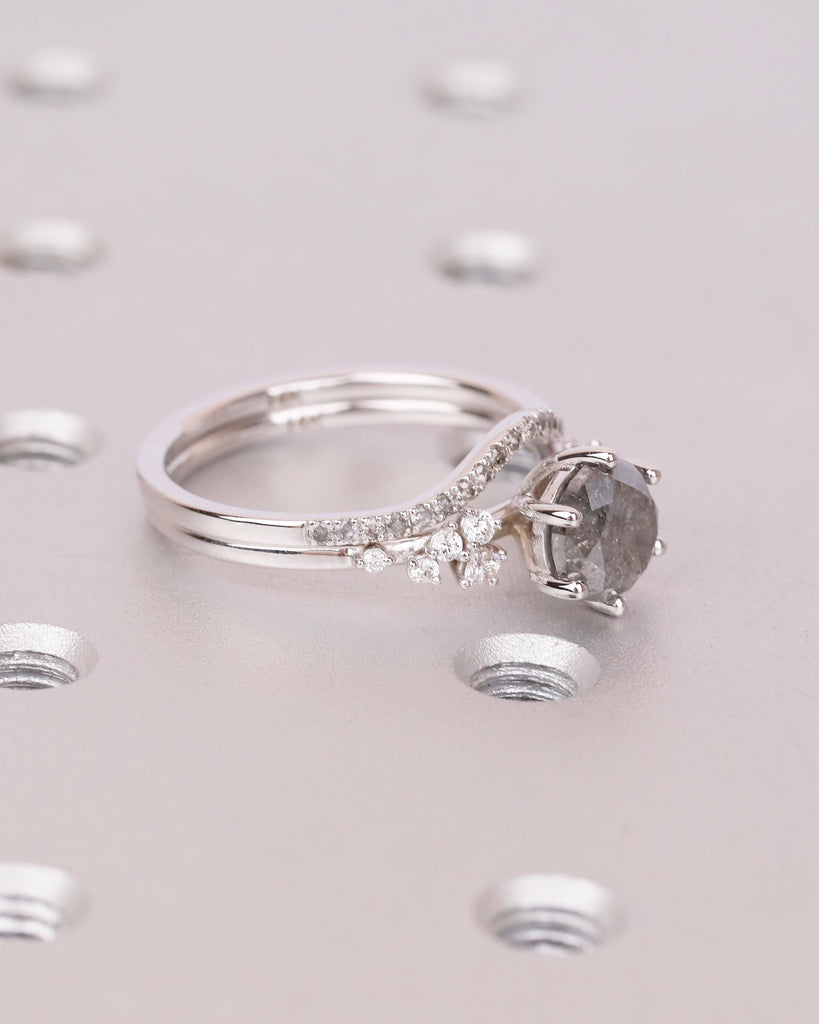 Vintage Engagement Ring, Salt and Pepper Diamond Snowdrift Moissanite Bridal Ring Set image #5