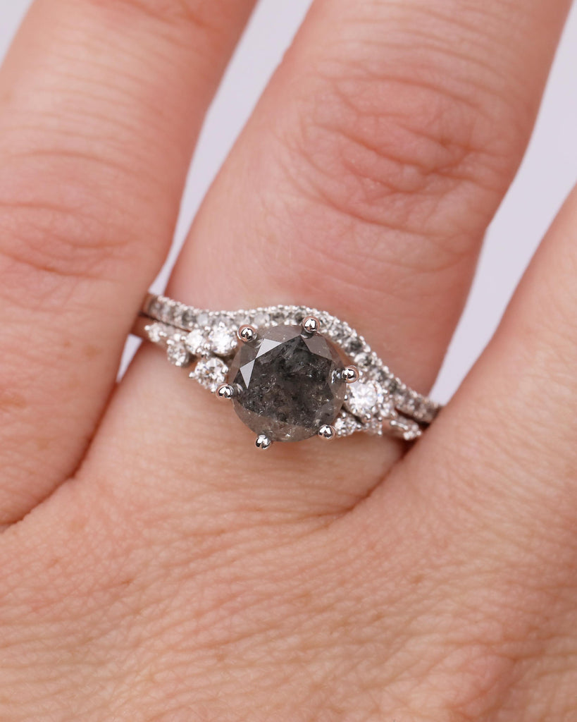 Vintage Engagement Ring, Salt and Pepper Diamond Snowdrift Moissanite Bridal Ring Set image #12
