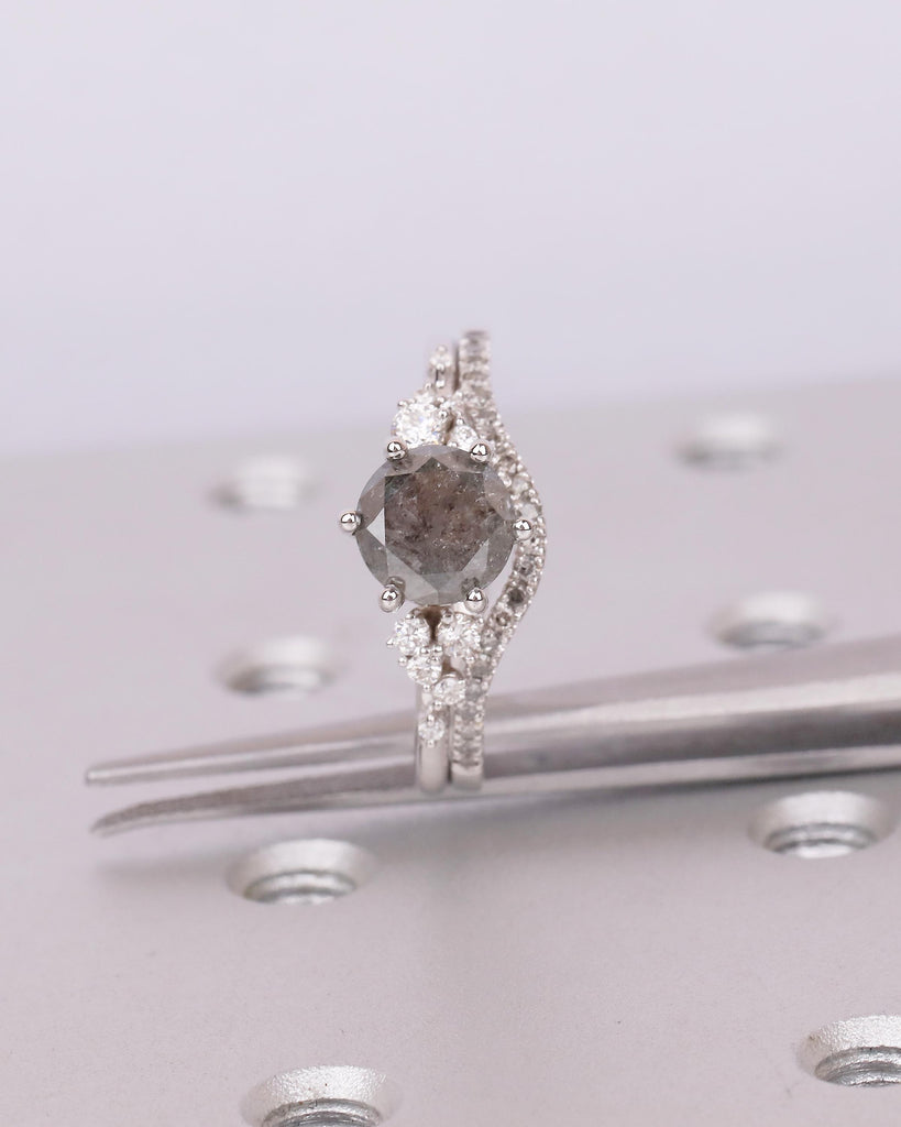 Vintage Engagement Ring, Salt and Pepper Diamond Snowdrift Moissanite Bridal Ring Set image #8