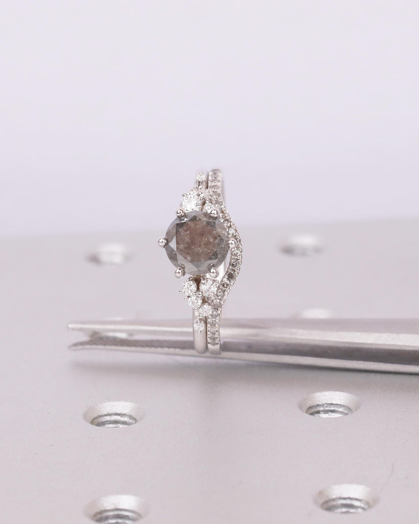 Vintage Engagement Ring, Salt and Pepper Diamond Snowdrift Moissanite Bridal Ring Set image #13