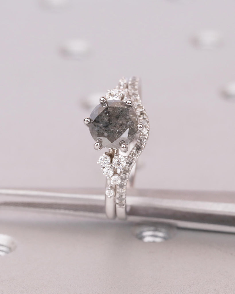 Vintage Engagement Ring, Salt and Pepper Diamond Snowdrift Moissanite Bridal Ring Set image #15