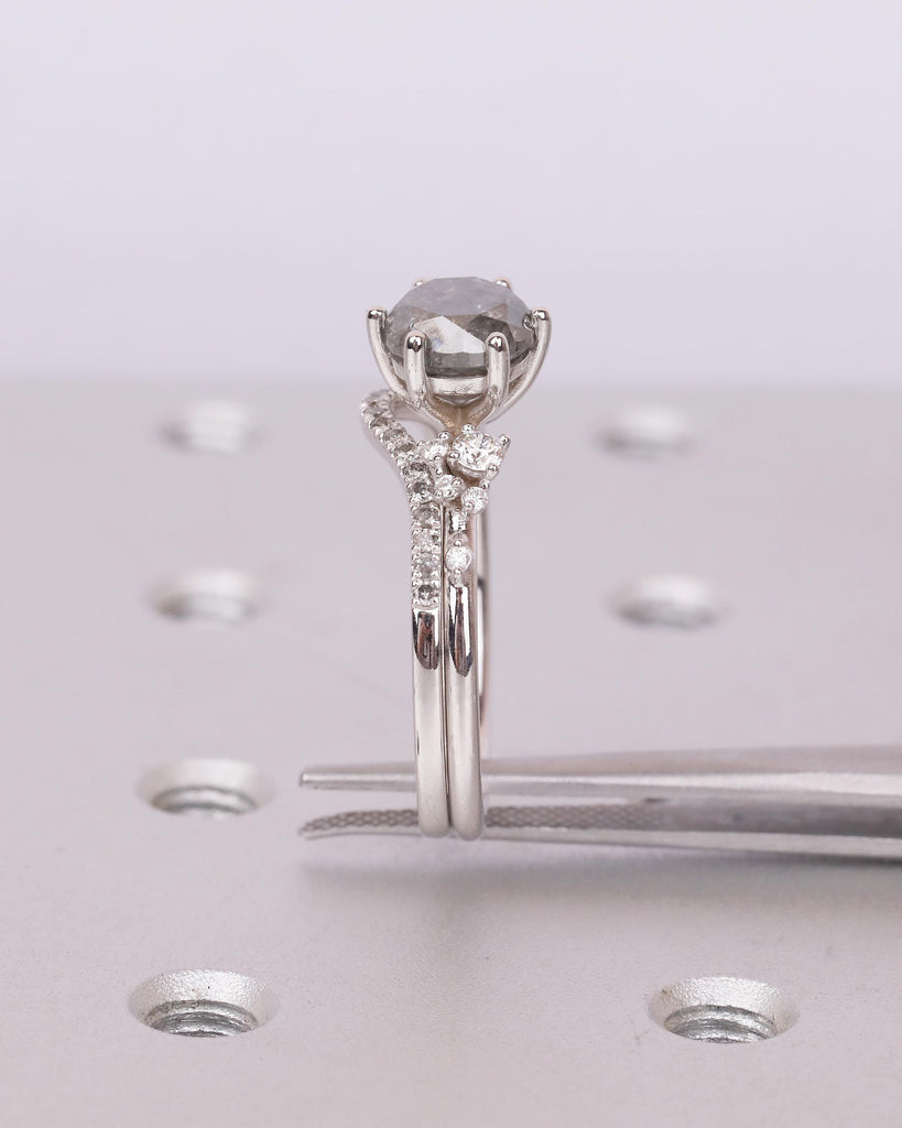 Vintage Engagement Ring, Salt and Pepper Diamond Snowdrift Moissanite Bridal Ring Set image #7
