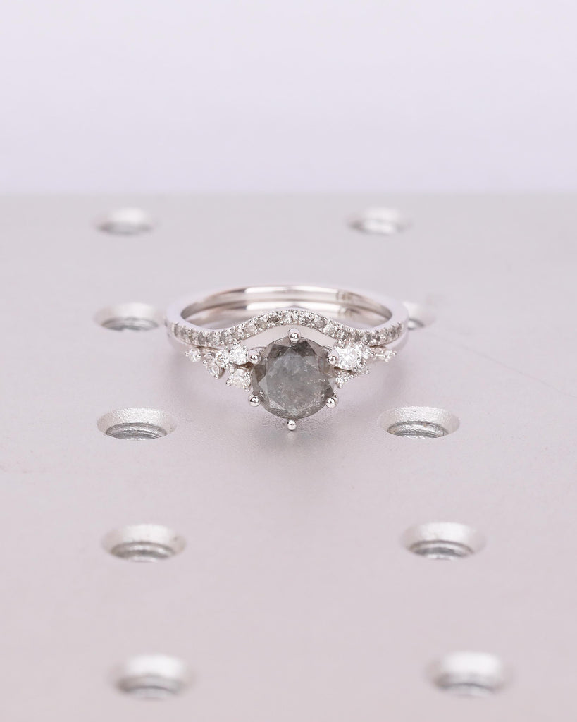 Vintage Engagement Ring, Salt and Pepper Diamond Snowdrift Moissanite Bridal Ring Set image #4