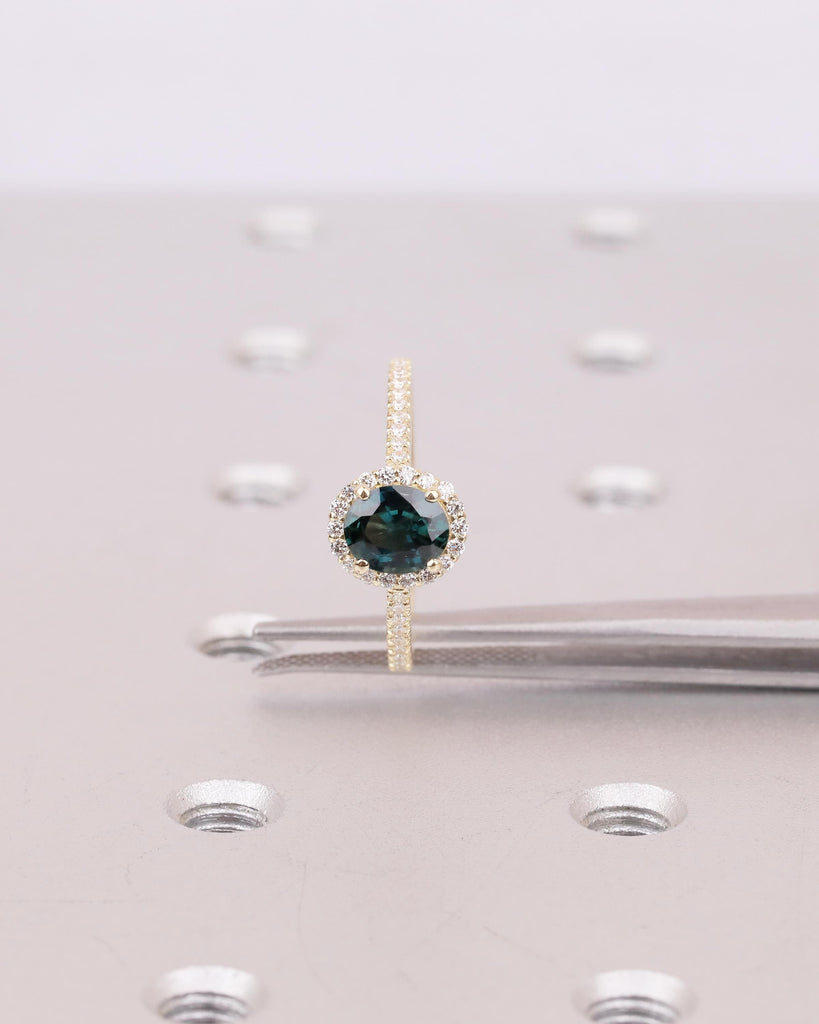 1ct Oval Teal Sapphire Engagement Ring, Dainty 14k Gold Halo Diamond Ring, Gemstone Jewelry image #5