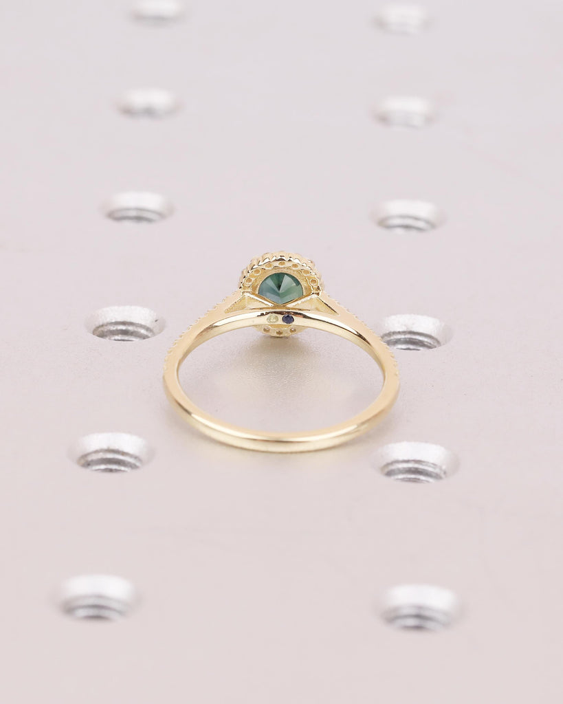 1ct Oval Peacock Sapphire Ring, Solid Gold Engagement Ring, Diamond Halo Ring, Hidden Peridot, Blue Sapphire Birthstone, Anniversary Rings image #6