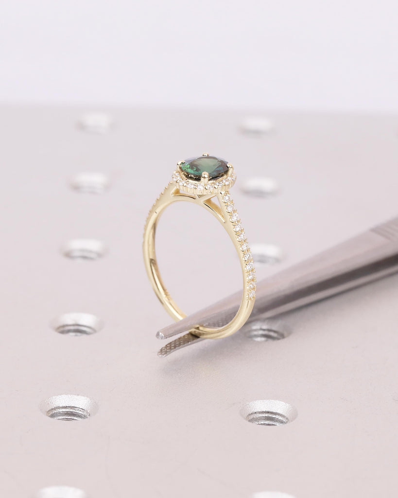 1ct Oval Teal Sapphire Engagement Ring, Dainty 14k Gold Halo Diamond Ring, Gemstone Jewelry image #15