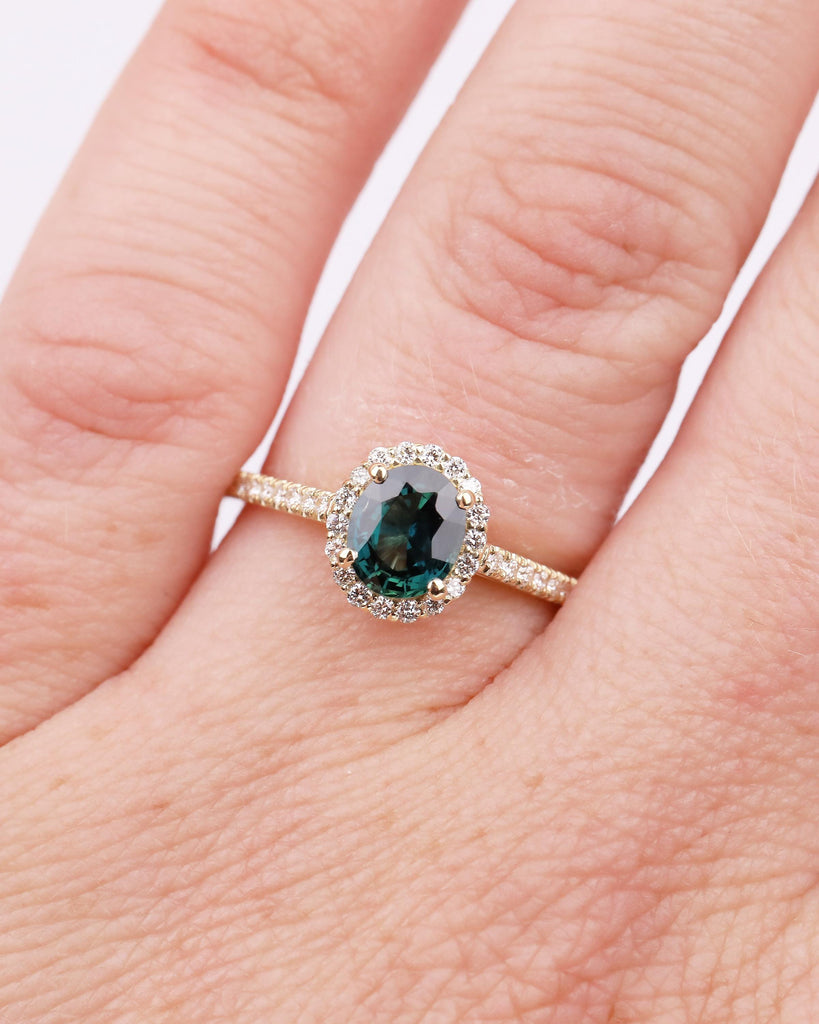 1ct Oval Teal Sapphire Engagement Ring, Dainty 14k Gold Halo Diamond Ring, Gemstone Jewelry image #12