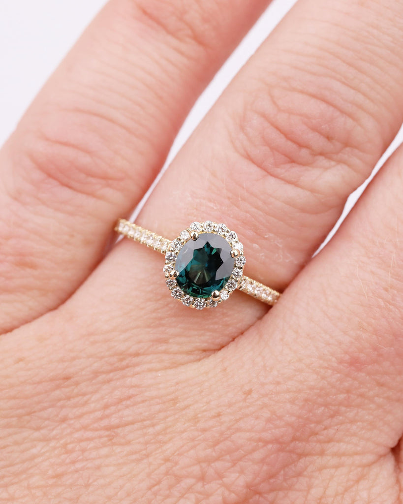 1ct Oval Peacock Sapphire Ring, Solid Gold Engagement Ring, Diamond Halo Ring, Hidden Peridot, Blue Sapphire Birthstone, Anniversary Rings image #16