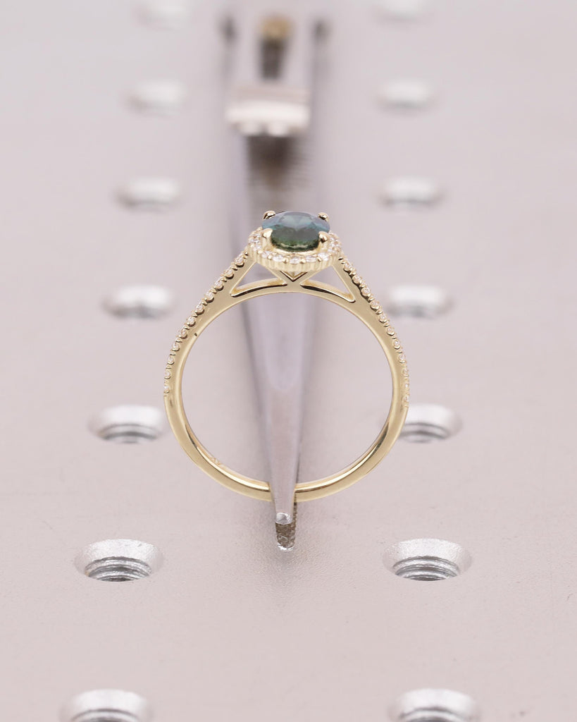1ct Oval Teal Sapphire Engagement Ring, Dainty 14k Gold Halo Diamond Ring, Gemstone Jewelry image #7