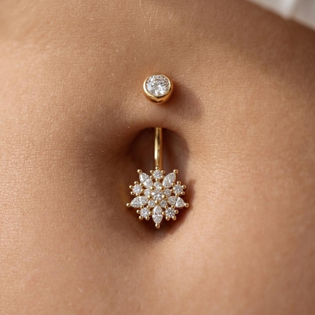 Natural Diamond Floral Navel Ring | 14K/18K Solid Gold Belly Button Diamond Piercing | Curved Belly Ring | Body Jewelry