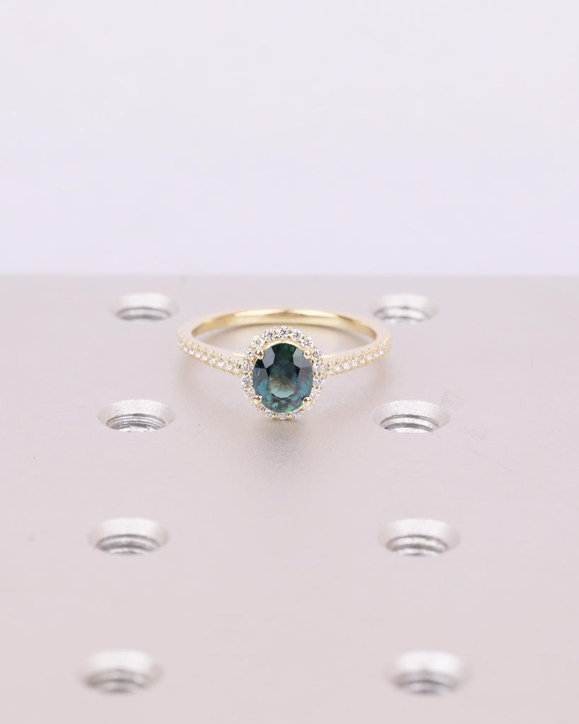1ct Oval Peacock Sapphire Ring, Solid Gold Engagement Ring, Diamond Halo Ring, Hidden Peridot, Blue Sapphire Birthstone, Anniversary Rings image #8