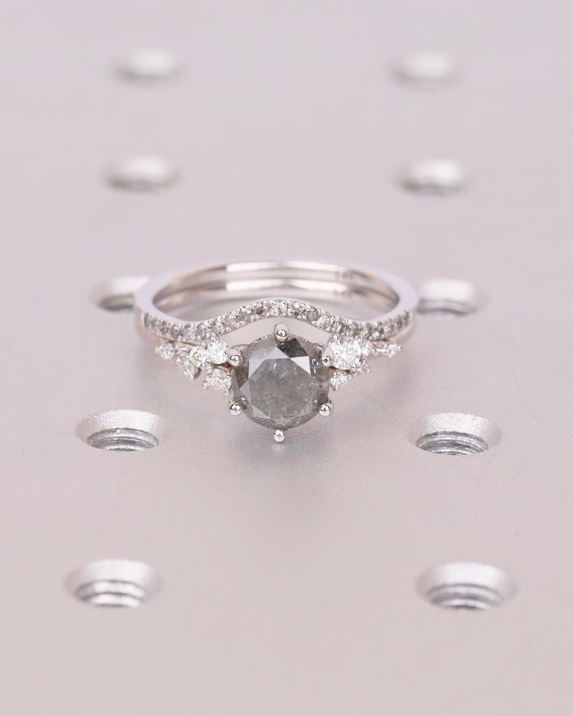 Vintage Engagement Ring, Salt and Pepper Diamond Snowdrift Moissanite Bridal Ring Set image #2