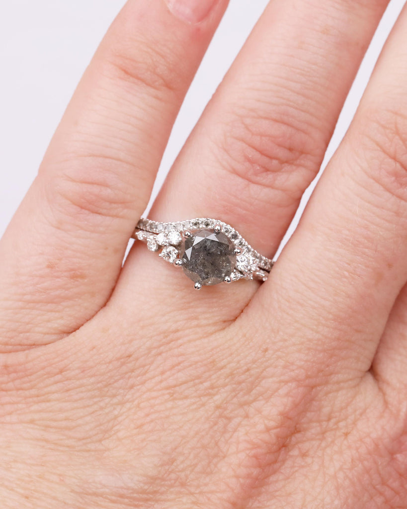 Vintage Engagement Ring, Salt and Pepper Diamond Snowdrift Moissanite Bridal Ring Set image #1