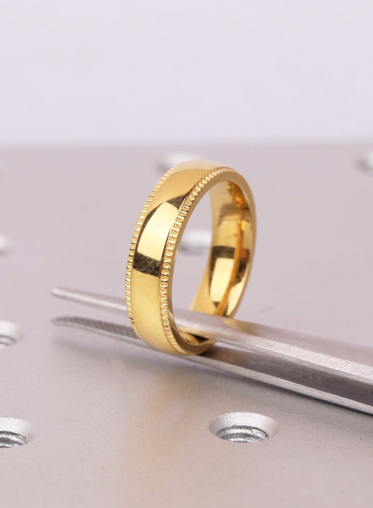 5mm Domed Comfort Fit 14k Yellow Gold Titanium Ring — Mens Milgrain, Shiny Polished Yellow Gold Titanium Band Wedding Band Ring image #3