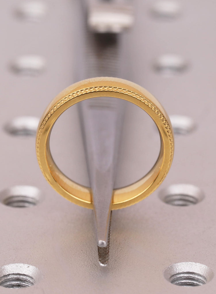 5mm Domed Comfort Fit 14k Yellow Gold Titanium Ring — Mens Milgrain, Shiny Polished Yellow Gold Titanium Band Wedding Band Ring image #6