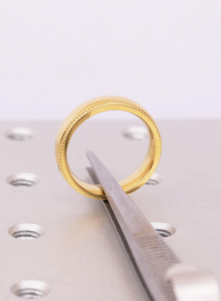 Domed 14k Yellow Gold Plated Mens Titanium Wedding Band, 5mm Milgrain Comfort Fit Ring image #7